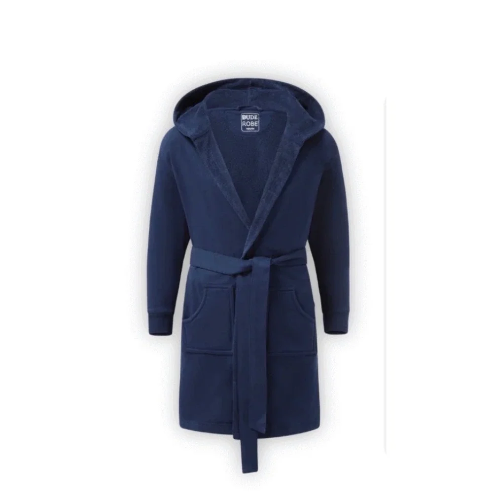 Dude Robe Mens Luxury Hooded Bathrobe Navy Blue Cotton Jersey L/XL Loungewear